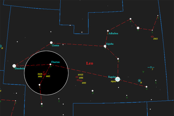 Annotated finder chart for the Leo Triplet. Original chart from the TUBA Atlas.